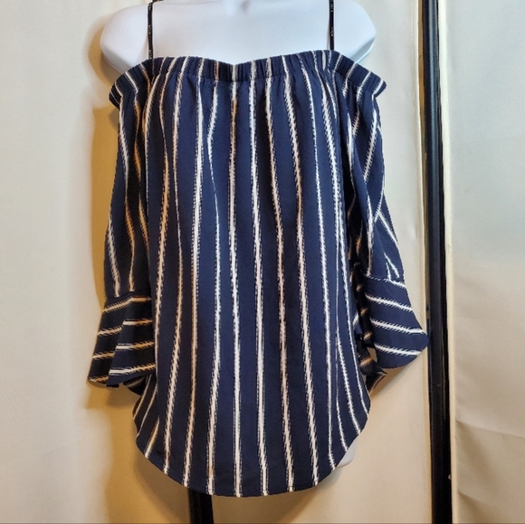 Navy Blue Striped Off-Shoulder Flare Midi Blouse Ruffle Cuffs Mint Condition - Picture 4 of 14
